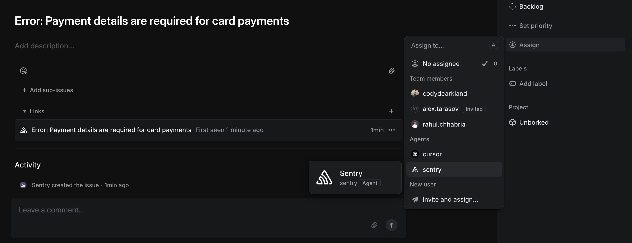 Select Sentry Agent for Linear