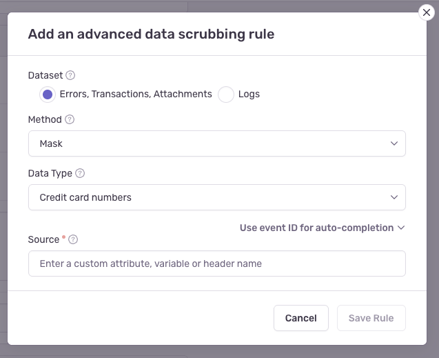 Add an advanced data scrubbing rule dialog showing dataset selection, method, data type, and source fields