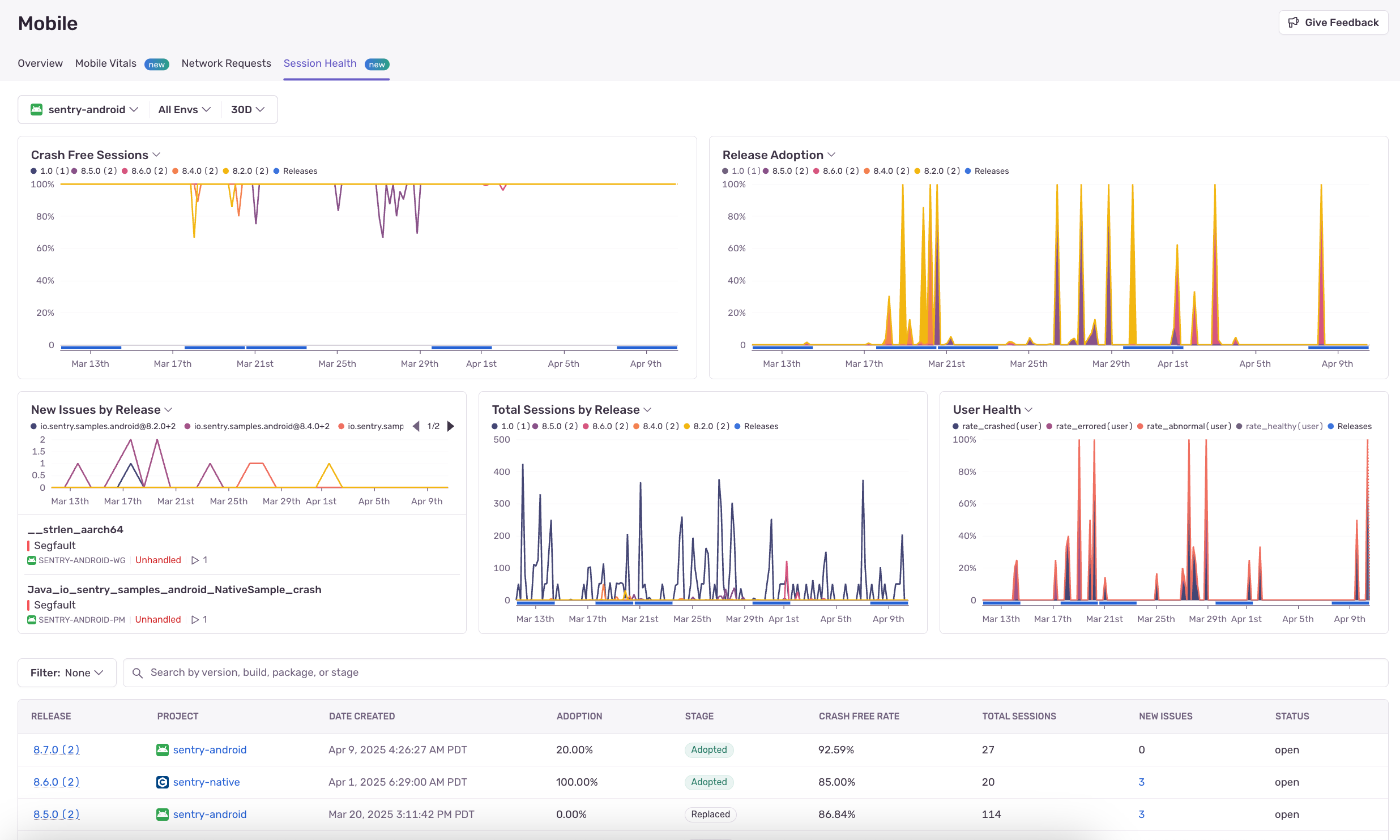 Insights Mobile Session Health Tab