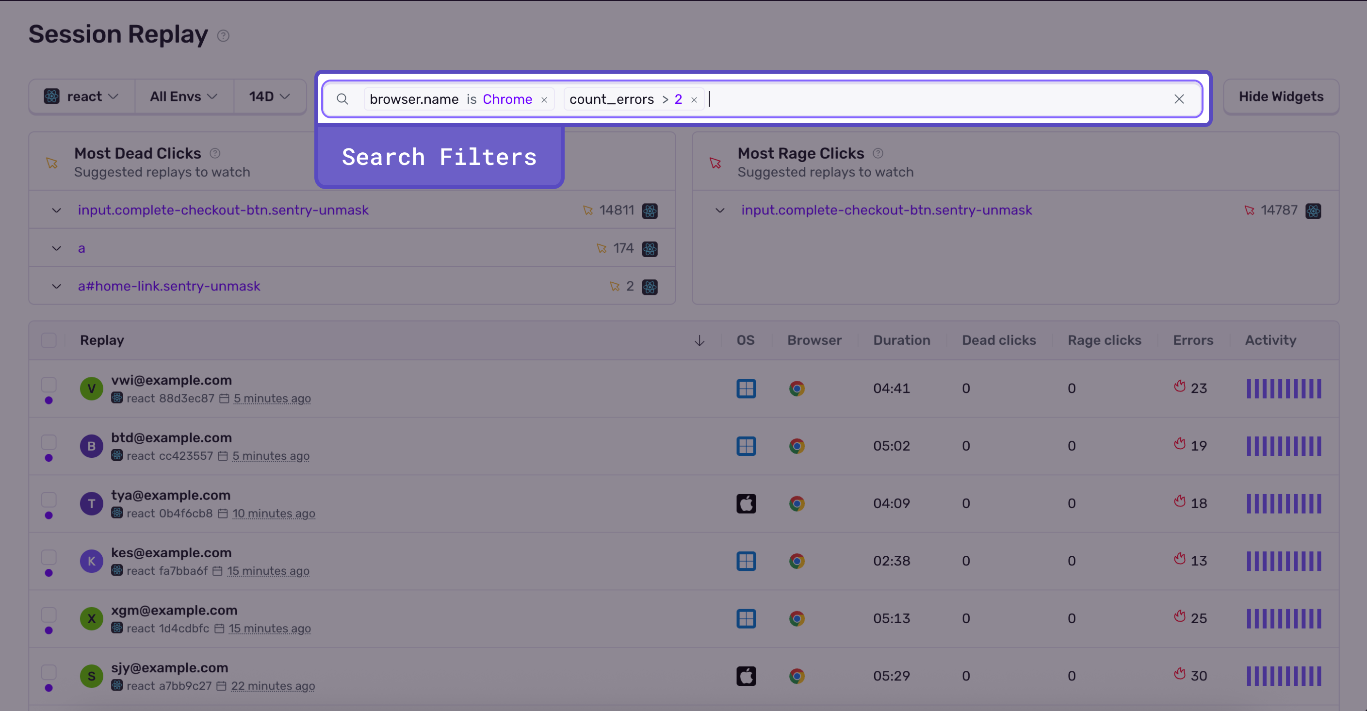 Highlight the Search Filters input on the Session Replay Index Page
