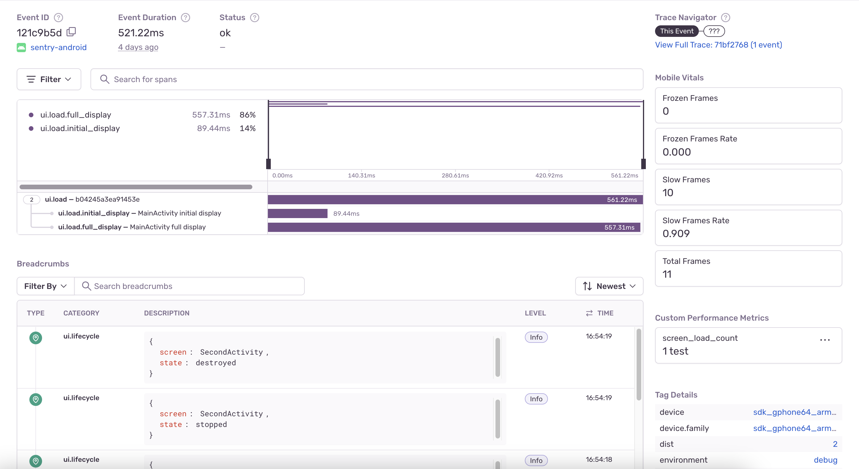 The event detail of a transaction with time to initial display and time to full display spans.