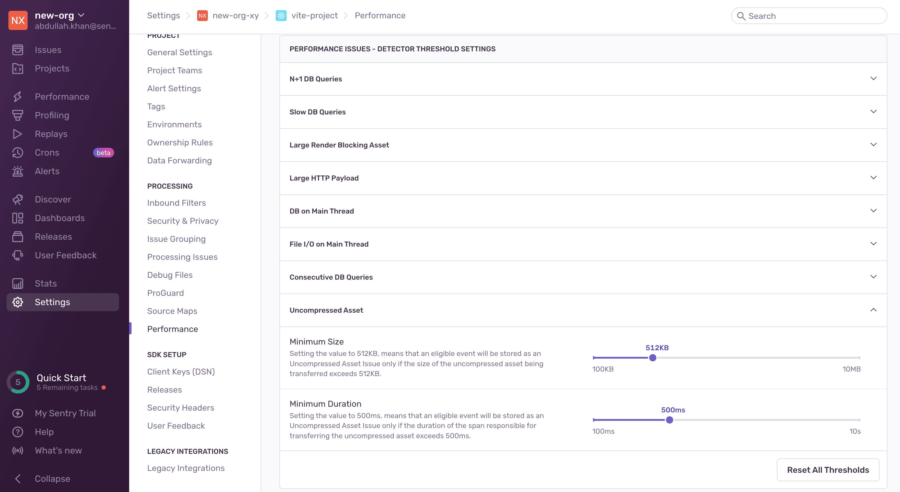 Uncompressed Asset detector threshold settings
